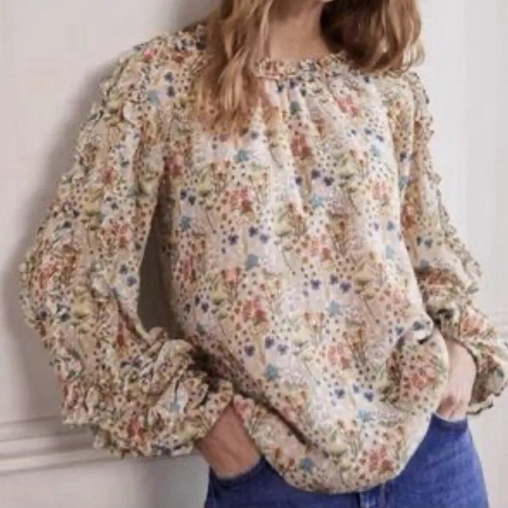 BODEN Ruffle Raglan Wildflower Bloom Blouse, Size 2 NWOT MSRP $120